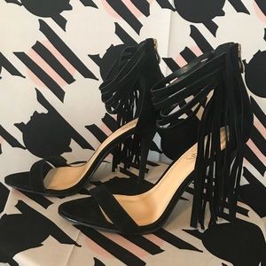 Black Fringe Adriana New York Zip Back Heels Sz 10